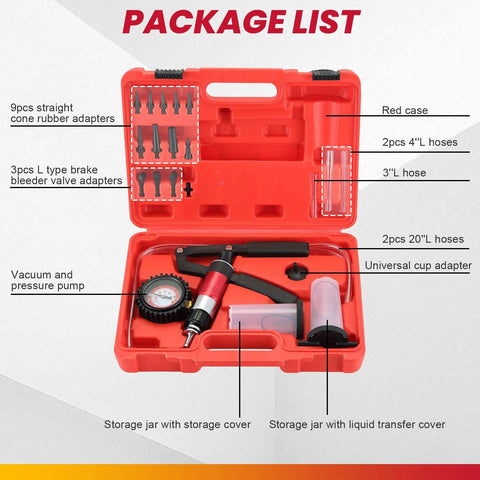 Front view of DASBET 21-piece handheld vacuum/pressure pump kit in red case with gauge, hoses, brake bleeder adapters