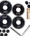 RC Pinion Gear Set 5mm Shaft Bore 48P Pitch Includes 27T 28T 29T 30T For Electric RC Cars And Trucks Upgrade Your Speed Safely With High Torque And Smooth Shifts, showing gear set layout.