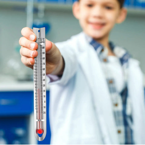 Child holding a V-shaped lab thermometer from 24 Pcs V Shaped Dual Scale Mercury Free Lab Thermometers For Classrooms And Home Science Kits