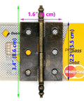 Old School Vintage Brass Flap Hinges Set For Wooden Boxes And Cabinets With Longer Axis, shown with measurements and card for scale
