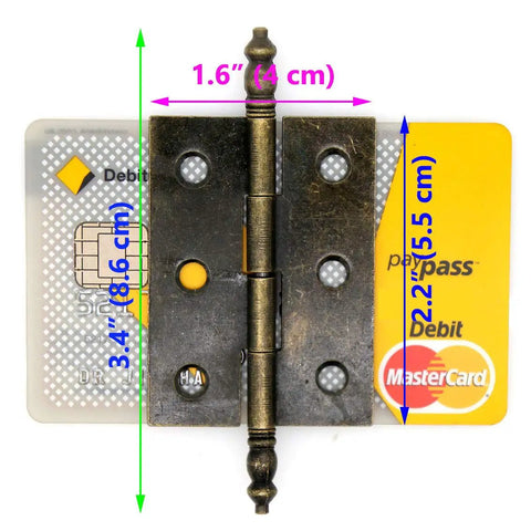 Old School Vintage Brass Flap Hinges Set For Wooden Boxes And Cabinets With Longer Axis, shown with measurements and card for scale