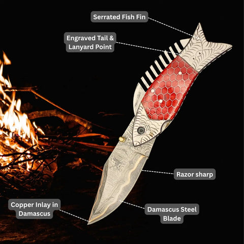 Damascus Steel Folding Knife With Ladder Pattern Blade And Copper Fish Style Handle by campfire