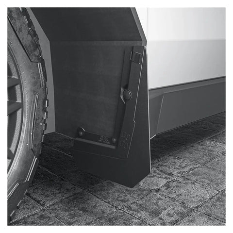 Heavy duty black rubber mud flap on Tesla Cybertruck 2024 to 2025, designed to fit the front wheel, protecting from gravel.