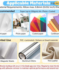 Materials guide for Heavy Duty 70mm Circle Punch for DIY Badges and Scrapbooking showing recommended papers and limited use materials.
