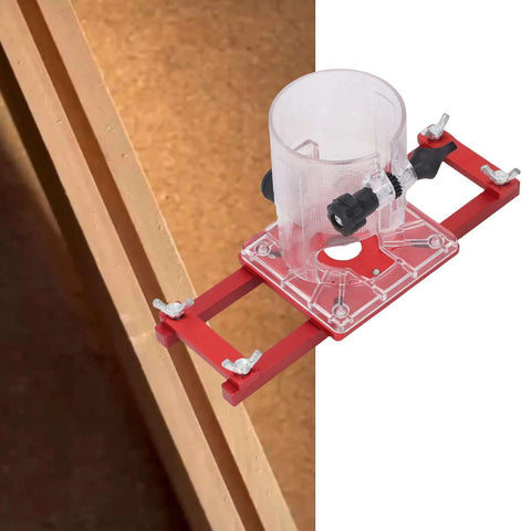 Front view of Zunate wood trimmer router base on red aluminum frame with clear hood and insert for 65mm router.