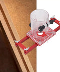 2 In 1 Compact Wood Palm Router Base with Slotting Bracket next to a cabinet edge, aluminum alloy, red base, fits 65mm ID trimmers