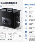 Heavy Duty 6 Liter Ultrasonic Cleaner With Digital Timer And Heater, black stainless tank with detailed specifications.