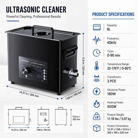 Heavy Duty 6 Liter Ultrasonic Cleaner With Digital Timer And Heater, black stainless tank with detailed specifications.