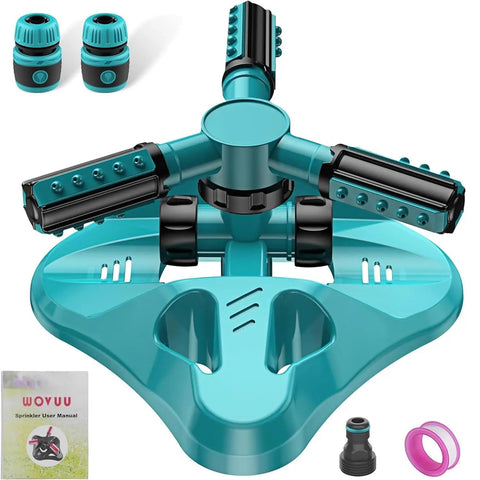 360 Degree Rotating Lawn Sprinkler With 36 Nozzles, Automatic Garden Irrigation System in blue with hose fittings.