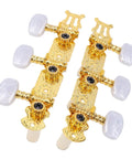 Classical Guitar Tuning Pegs Set With 1:15 Gear Ratio White Button Machine Heads For Acoustic Guitars, Heavy Duty Metal Tuning Keys, Left And Right Replacement Parts, Smooth, Durable Tuning You Can Trust. 2 gold metal pegs with white buttons