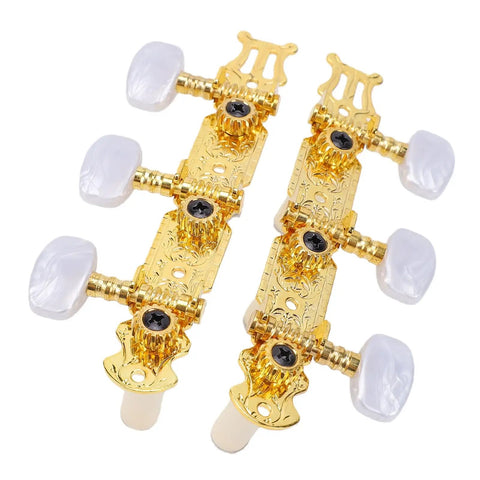 Classical Guitar Tuning Pegs Set With 1:15 Gear Ratio White Button Machine Heads For Acoustic Guitars, Heavy Duty Metal Tuning Keys, Left And Right Replacement Parts, Smooth, Durable Tuning You Can Trust. 2 gold metal pegs with white buttons