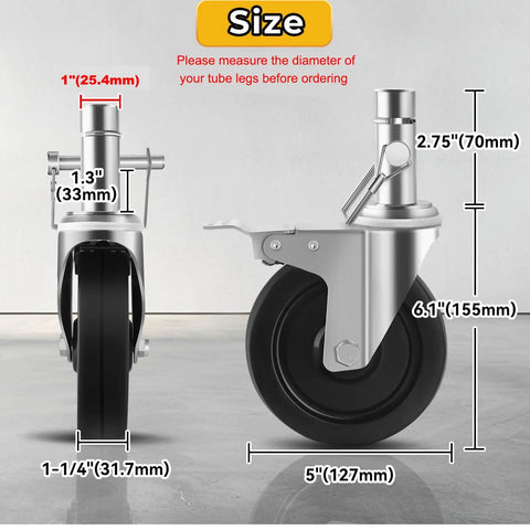 Tough As Nails 5 Inch Scaffolding Wheels Set Of Four swivel caster with 1 inch round stem shown with size measurements.
