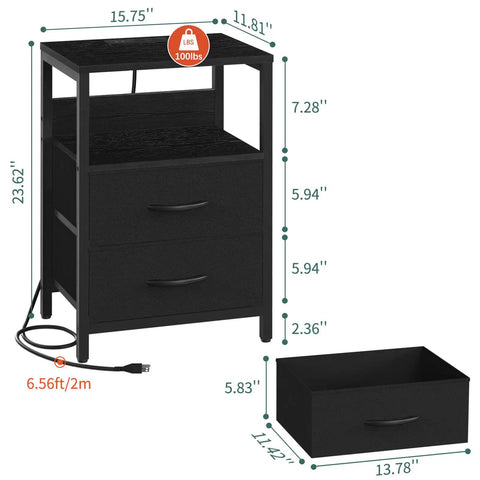 Nightstand With Charging Station And LED Light Fabric Drawers And Storage Shelf Bedside Table With USB Ports And Outlets