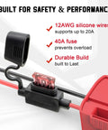Close-up of Power Wheel Battery Adapter For Milwaukee 18V Packs showing 12AWG wires and 40A fuse with connector kit for Peg Perego cars.