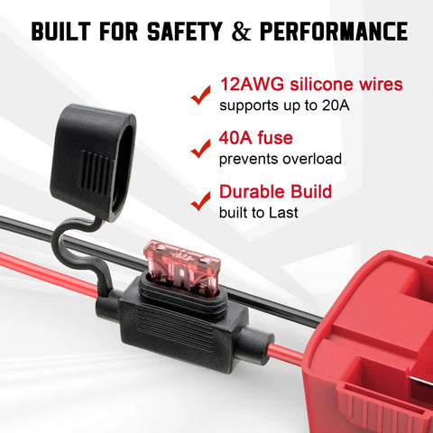 Close-up of Power Wheel Battery Adapter For Milwaukee 18V Packs showing 12AWG wires and 40A fuse with connector kit for Peg Perego cars.