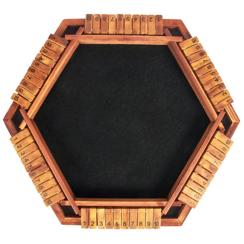 Top view of Upgraded Shut The Box Dice Game For 1 To 6 Players With Wooden Board And 16 Dice, showing hexagonal layout with numbers.