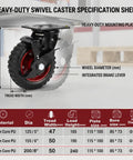 8 Inch Built Tough Heavy Duty Rubber Casters Set Of Four With Swivel Brakes And Knobby Tread For Outdoor Carts specification sheet.