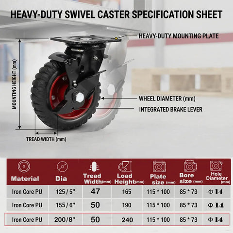 8 Inch Built Tough Heavy Duty Rubber Casters Set Of Four With Swivel Brakes And Knobby Tread For Outdoor Carts specification sheet.