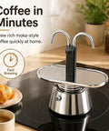 Heavy Duty Stainless Steel Moka Pot For Two With Dual Spout Stovetop Espresso Maker on induction stove with croissant.