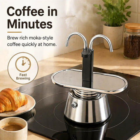 Heavy Duty Stainless Steel Moka Pot For Two With Dual Spout Stovetop Espresso Maker on induction stove with croissant.