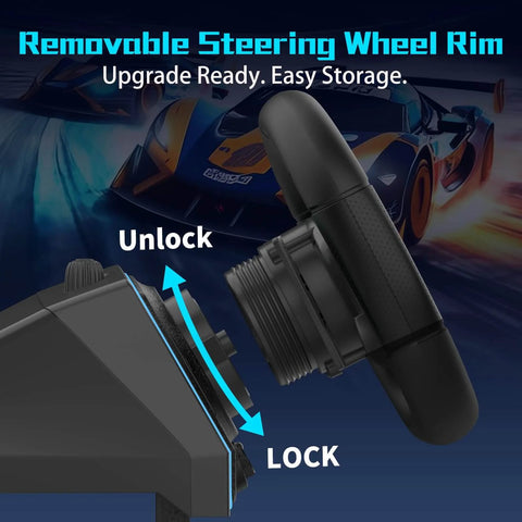 Removable steering wheel rim for 1080 Degree Magnetic Induction Racing Wheel With 6 Speed H Pattern Shifter and plug-and-play setup.