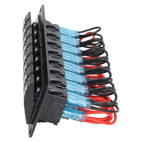 Side view of 8 Gang LED Backlit Rocker Switch Panel Kit with Overload Protection pre-wired for car RV boat marine bus.