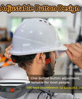 Man adjusting a white hard hat with 4-point suspension showing the adjustable ratchet and vent openings.