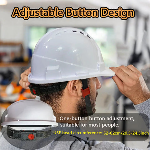 Man adjusting a white hard hat with 4-point suspension showing the adjustable ratchet and vent openings.