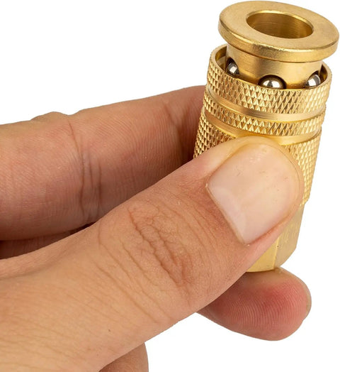 Close-up of Brass One Quarter Inch NPT Air Coupler Quick Connect Fitting for Hose, showing textured grip.