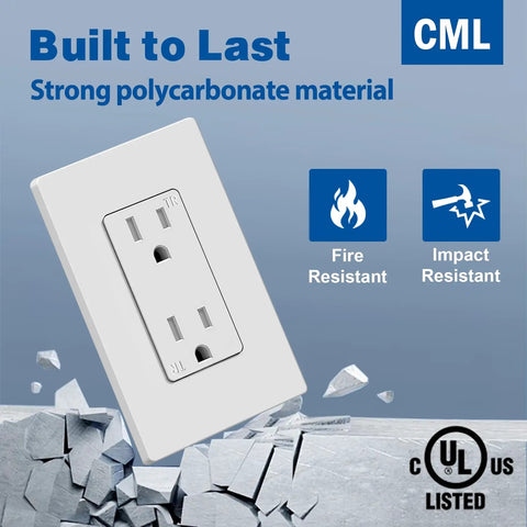 50 Pack Tamper Resistant 15 Amp Decorator Electrical Outlet With Screwless Wall Plate For Home And Commercial Use 15A 125V UL Listed White Durable Construction For High Traffic Areas, showing fire and impact resistance icons, UL listed certification, and strong polycarbonate material sign.