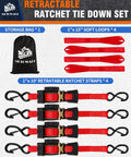 4 Pack Auto Retracting Ratchet Straps 1x10 Ft Self Roll Back System with storage bag and soft loops for hauling cargo