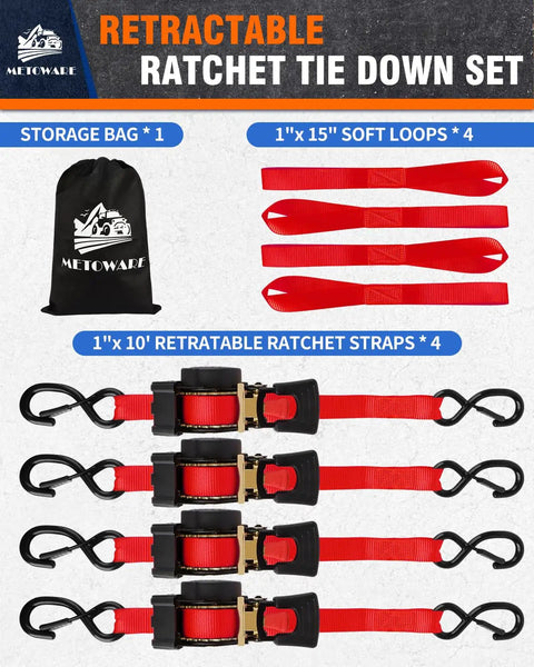 4 Pack Auto Retracting Ratchet Straps 1x10 Ft Self Roll Back System with storage bag and soft loops for hauling cargo