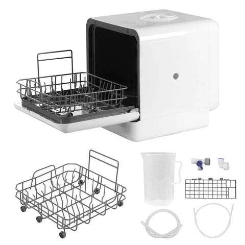 Standalone Countertop Dishwasher With Six Liter Internal Tank And Truly Zero Hookup Hassles Perfect For Apartment Living And Small Kitchens Featuring Easy Setup While Running Rapid Wash Cycles Paired With Dual Sanitization For Clean Plates Without The showing grey dish rack and white body.