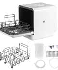 Hassle Free Compact Automatic Countertop Dishwasher Dual Spray No Plumbing Required Easy Setup For Renters Or Small Apartments Quick Dry showcasing open door and storage basket.