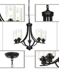 Farmhouse 5-Light Chandelier Pendant Light in Black Finish with Clear Glass Shades, Empire Design for Warm Glow