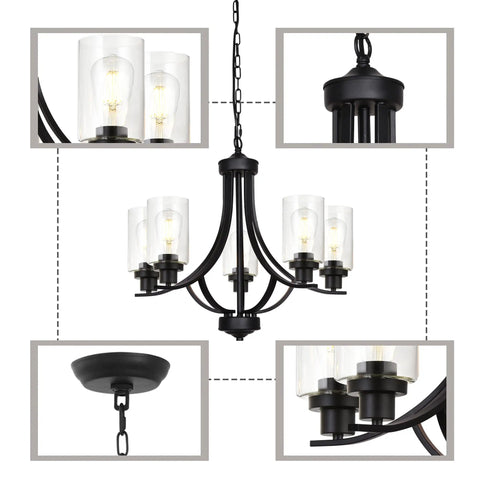 Farmhouse 5-Light Chandelier Pendant Light in Black Finish with Clear Glass Shades, Empire Design for Warm Glow