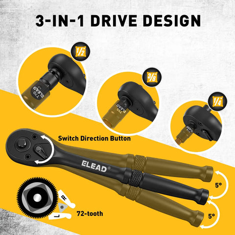 3-in-1 drive design of Beefy 37-Piece Torx Bit Socket Set With Three Drive Sizes, showing ratchet wrench and adapters