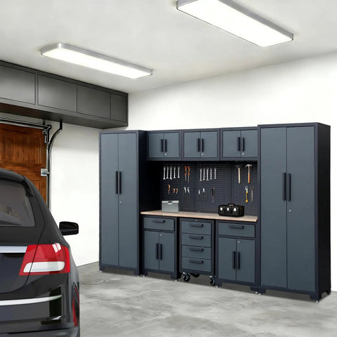9 Piece Garage Storage Cabinet System With Locking Steel Cabinets, Locker Units, Wall Cabinets, 1-Drawer And 4-Drawer Rollers