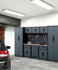 9-Piece Garage Storage Cabinet System With Corner Cabinet, Workbench, Pegboard And Roller Drawers For Tool Organization In Black And Gray