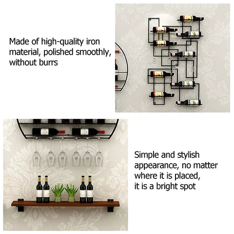 Badass Rock Solid Heavy Duty Wall Wine Rack With Rust Proof Iron Construction Stemware Holder And Spacious Floating Bar Shelf, showcasing multiple bottles and glasses.