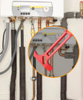 4 In 1 Emergency Tool Quick Gas And Water Shut Off Wrench, Non Sparking Pry Bar, shown with plumbing pipes, vibrant red.