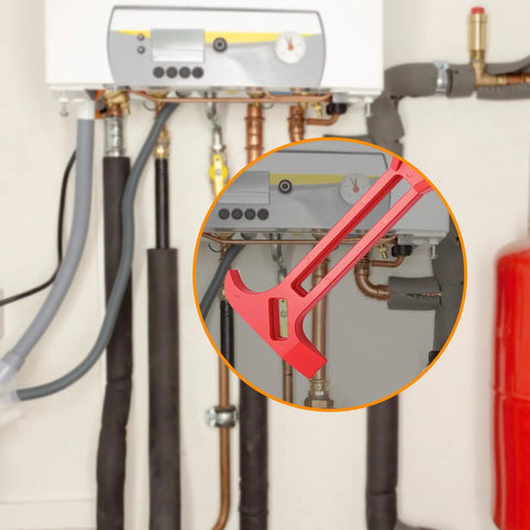 4 In 1 Emergency Tool Quick Gas And Water Shut Off Wrench, Non Sparking Pry Bar, shown with plumbing pipes, vibrant red.