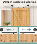 Installation direction of soft close barn door hardware kit with silent damper stops for flat track sliding doors, black finish.