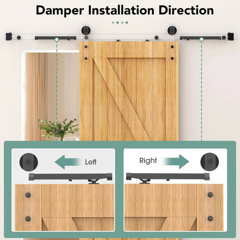 Installation direction of soft close barn door hardware kit with silent damper stops for flat track sliding doors, black finish.