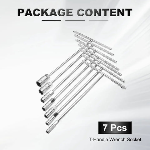 7Pc T Handle Socket Wrench Set With Long Reach In 8 10 12 13 14 17 19mm showing steel hexagonal T grips