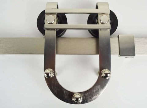 Stainless Steel 6 Foot Barn Door Track Hardware Kit For Sliding Closet Doors, roller mechanism and rail system, heavy duty, wall mounted.