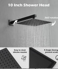 Black Square Shower System With 10 Inch Rainfall Shower Head, Dual Function Wall Mount Mixer, Handheld Shower, Included Rough In Valve Body And Trim, Complete Set For Easy Install And Top Notch Spa Quality Shower showing 360° rotation, silicone nozzles, and scratch prevention design.