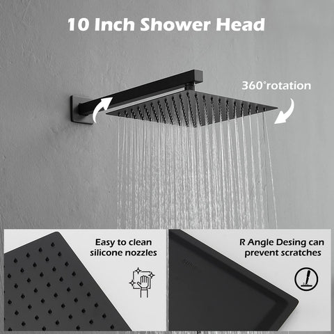 Black Square Shower System With 10 Inch Rainfall Shower Head, Dual Function Wall Mount Mixer, Handheld Shower, Included Rough In Valve Body And Trim, Complete Set For Easy Install And Top Notch Spa Quality Shower showing 360° rotation, silicone nozzles, and scratch prevention design.