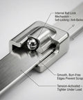 Close-up of Heavy Duty 304 Stainless Steel Zip Ties, 4 Inch, 100 Pack, highlighting rustproof lock mechanism and burr-free edges.