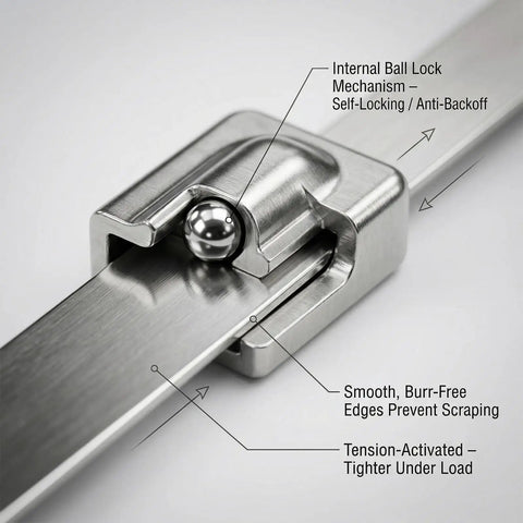 Close-up of Heavy Duty 304 Stainless Steel Zip Ties, 4 Inch, 100 Pack, highlighting rustproof lock mechanism and burr-free edges.